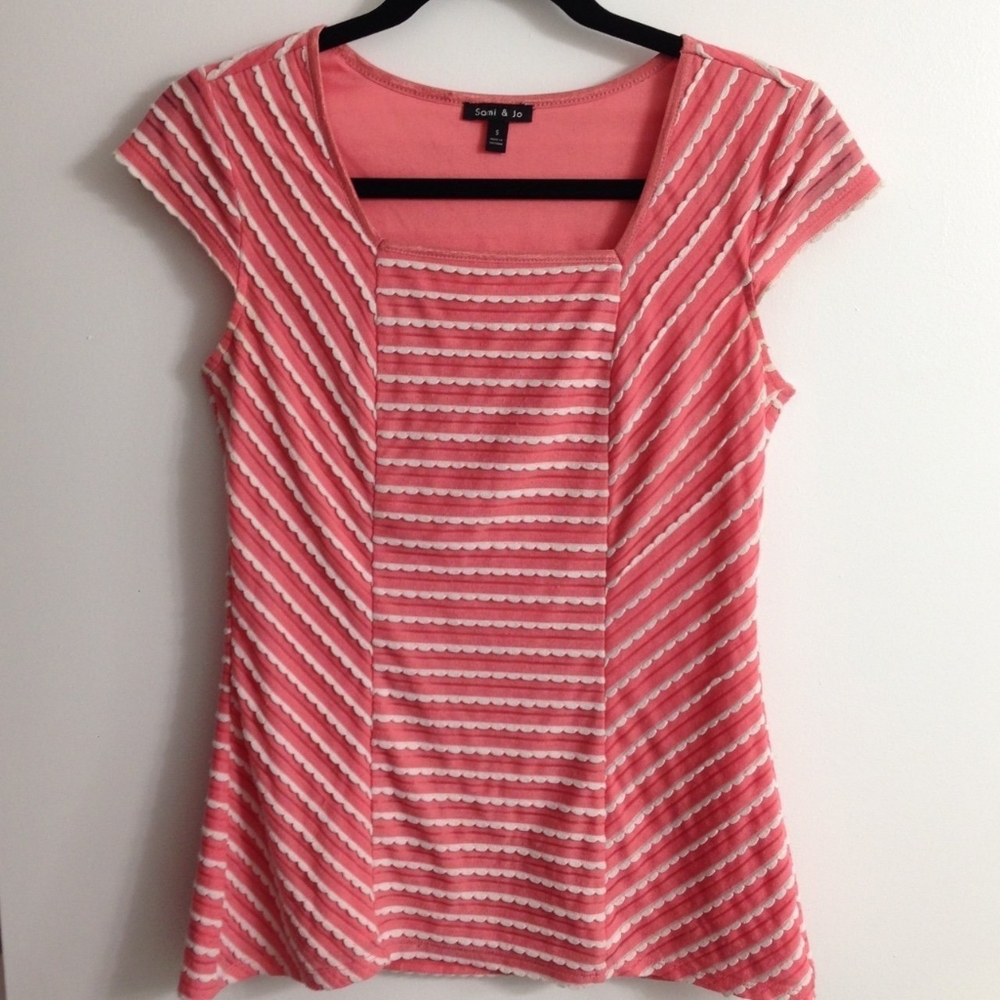 Milkmaid peach pink white scallop trim striped square neck top capped sleeves